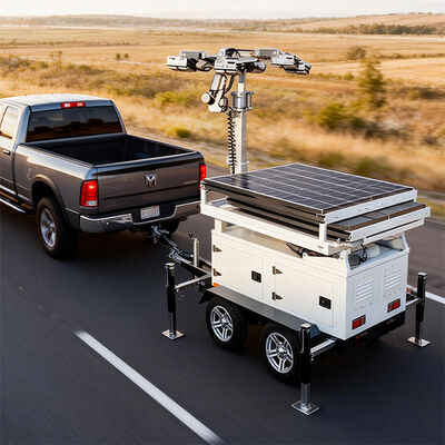 सौर सीसीटीवी सुरक्षा ट्रेलर के साथ 8*300W सौर पैनल IP66 निर्माण कार्यों के लिए जलरोधी आवरण