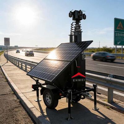 पूर्ण दृश्य कवरेज मिनी सौर कैमरा सुरक्षा ट्रेलर औद्योगिक पार्क निगरानी के लिए सौर निगरानी ट्रेलर